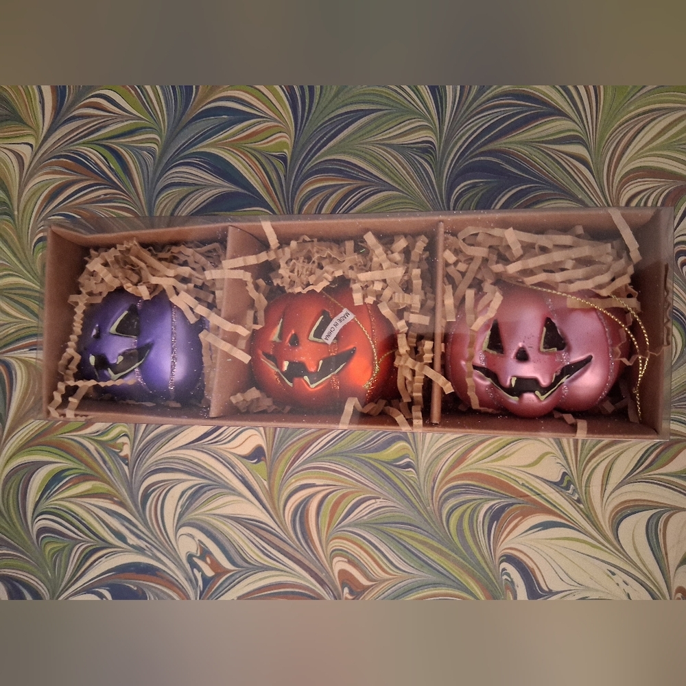 Halloween Pumpkin Ornaments Set Set Of Three Glass